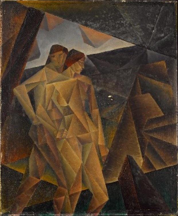 (Pre-restoration) Kathleen Jean Munn. Untitled (Two Figures in a Landscape), c. 1925. Oil on canvas, 51.2 × 42.7 cm. Gift of William and Verna Richards, 2012. © Estate of Kathleen Munn 2012/98.