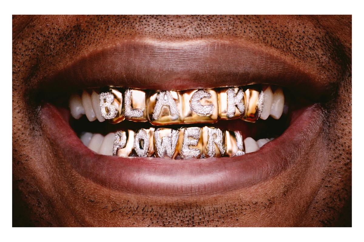 Hank Willis Thomas, Black Power (2008)- a close up of a Black man's mouth with grillz that read 'Black Power'