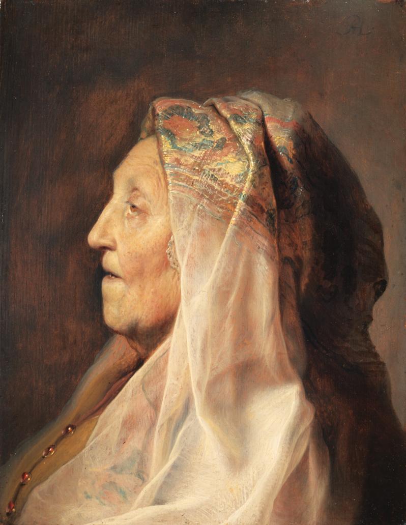 Side profile image of elderly woman in headscarf