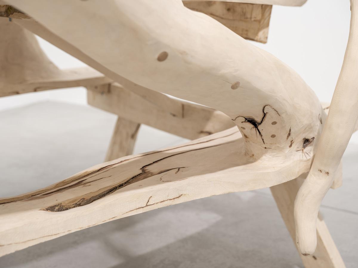 A detail image of Hugh Hayden's sculpture Can't we all just get along (2020). This image is a close up of one of the branches emerging from the bench of the picnic table, highlighting the dowels Hayden inserted into splitting wood