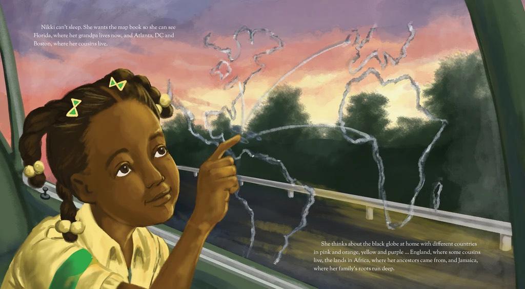 A scene from Nadia Hohn's book Getting Us to Grandma's. It features Nikki in the backseat of a car tracing a map of the world on a car window.