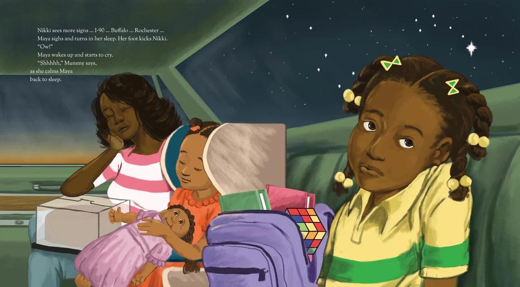A scene from Nadia Hohn's book Getting Us to Grandma's. It features Nikki in the backseat of a car with her mother and sister.