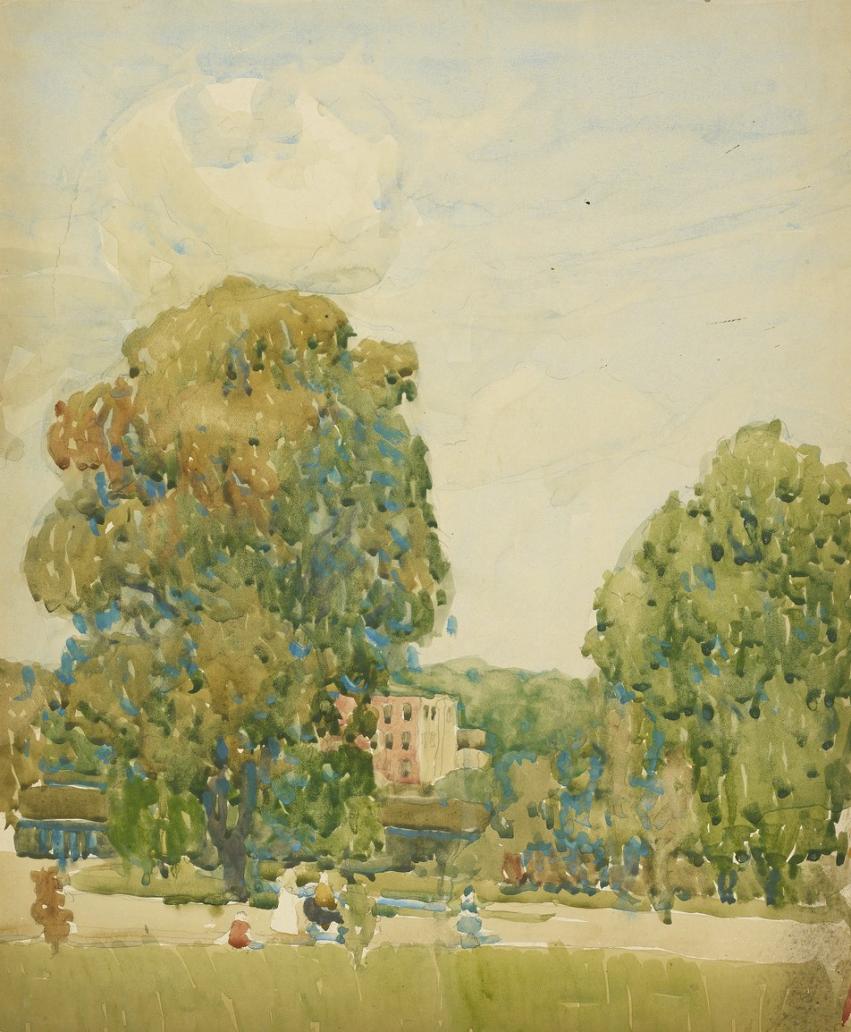 Watercolour landscape of two trees