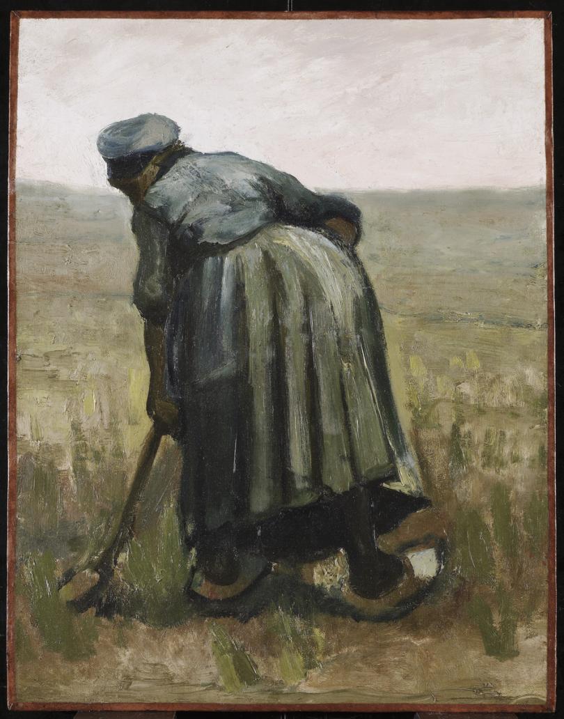 oil on canvas portrait of woman working ground with a hoe