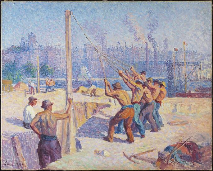 painting showing a group of workers pulling rope in a construction site