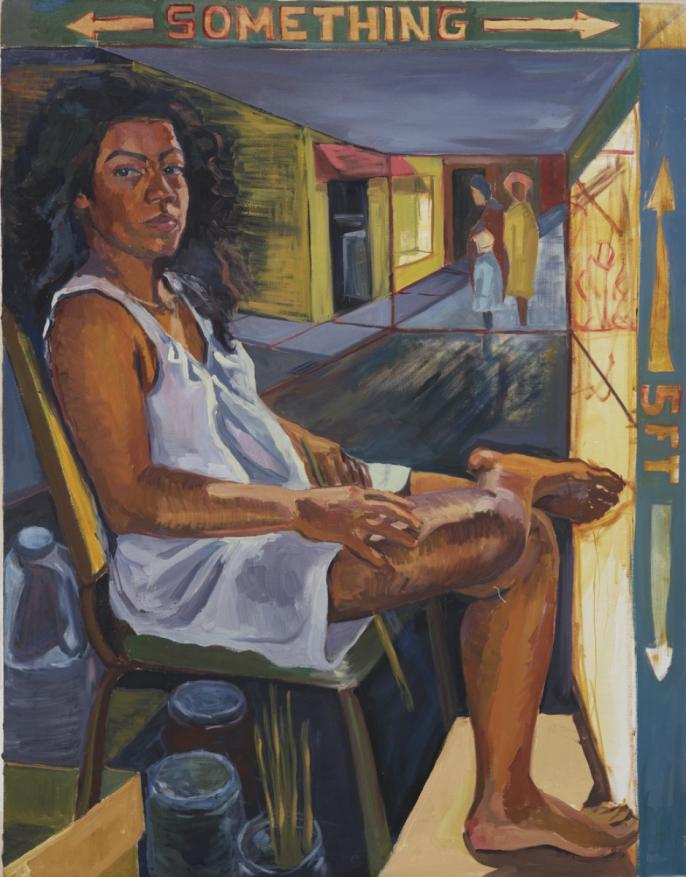 Self portrait painting of Denyse Thomasos sitting in her studio