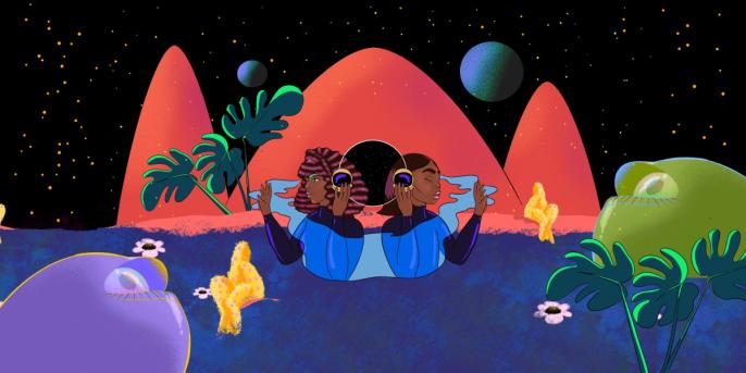 An illustration by blackpowerbarbie of two black women listening to music in an intergalactic setting