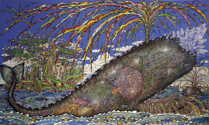 A colourful painting of a whale by artist Mitsuo Kimura