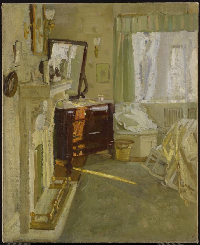 An image of the painting Interior by McNicoll, which features a bedroom scene filled with a rocking chair covered in a robe, a vanity with a dresser, and a fire place
