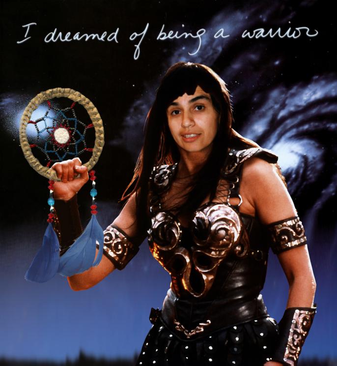 An image of Rosalie Favell's I Dreamed of Being a Warrior, which features the artist's head photoshopped onto the body of Xena from Xena Warrior Princess