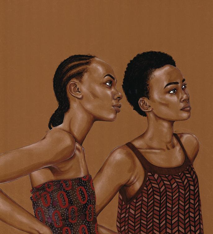 A drawing by Ojo Agi featuring two Black women.