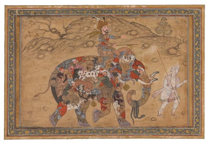 An image of a painting from 15th century India. The painting includes a crowned Peri (fairy) on top of an elephant containing multiple different animals