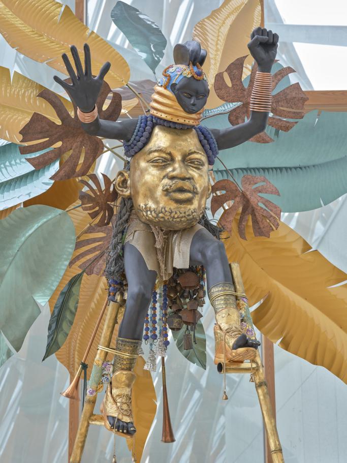 Detail view, Zak Ové. Moko Jumbie, 2021 on view in Galleria Italia