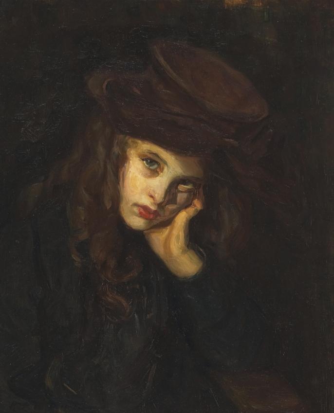 An image of Helen McNicoll's The Brown Hat, which features a young girl wearing a brown hat against a brown background. She rests her head on her hand, meeting the viewer's gaze