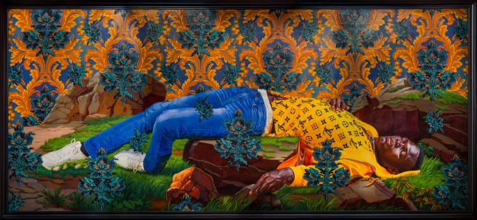 An image of Kehinde Wiley's painting Femme Piquee Par Un Serpent (Mamadou Gueye), which features a young black man lying horizontally over a rock in nature, with a vibrant blue and yellow background behind him. His eyes are closed.