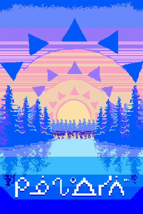 One panel of a AR Triptych created by Dallas Flett-Wapash. It shows a lake surrounded by blue trees. The sky is different shades of pink, purple, and blue. A yellow sun with a pink outline is either rising or setting, and different colours of rays extend from it, growing bigger and bigger towards the outer edge