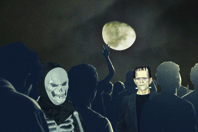 An image of a skeleton and Frankenstein's monster in a crowd of people under the moonlight