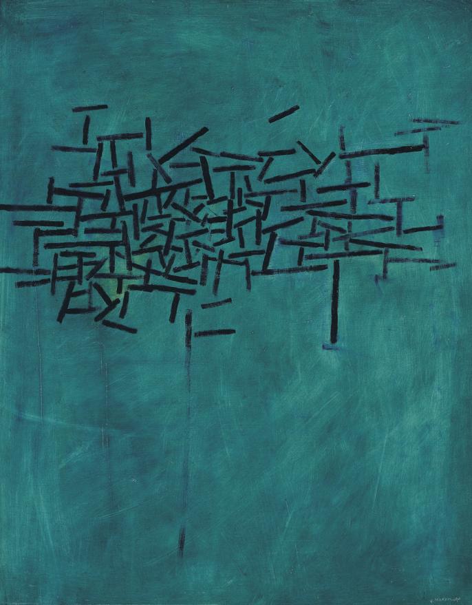 Blue painting with black lines forming grid-like pattern in the centre