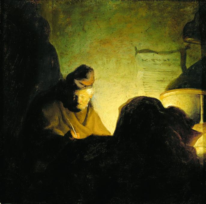Shadowy painting of a scholar behind a stack of books dim lighting