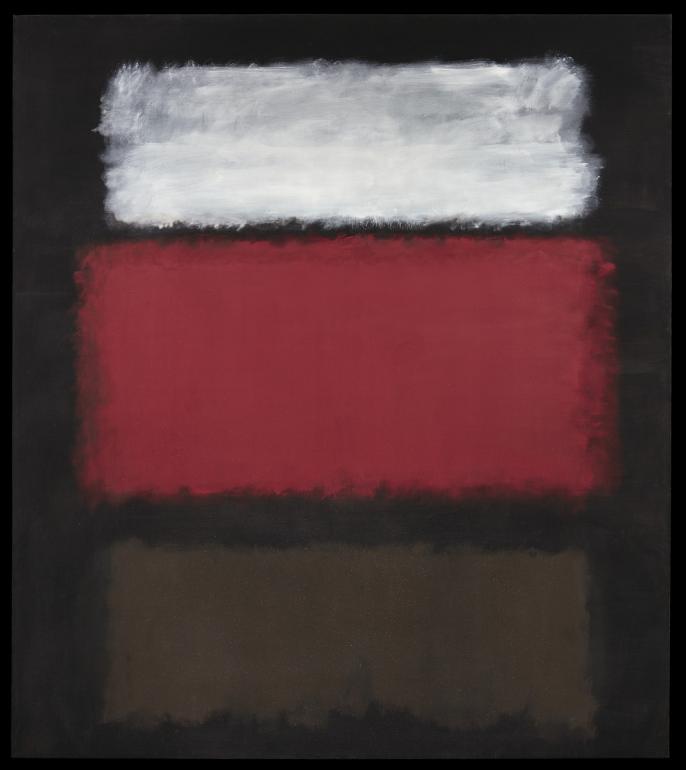 Painting by Mark Rothko with white, red and grey hazy blocks on black background