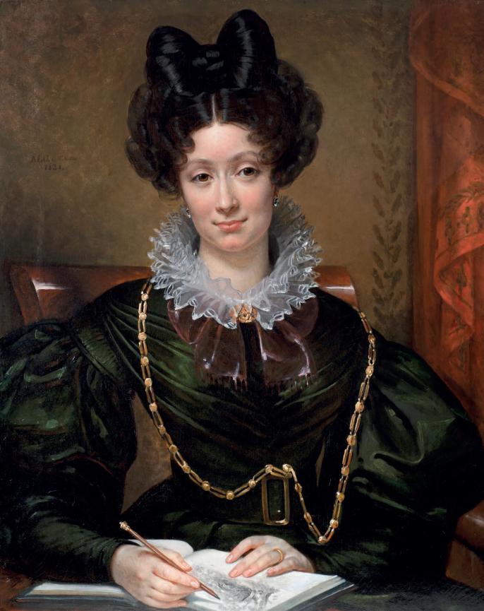 painting of a woman artist drawing a landscape in a sketchbook