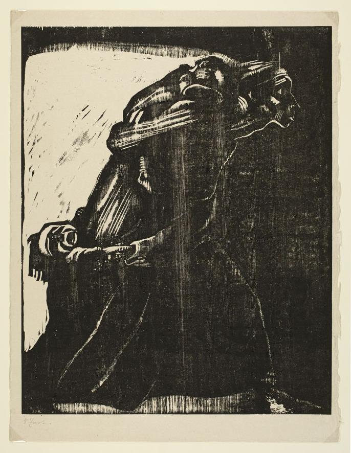 woodcut print of woman dragging children forward