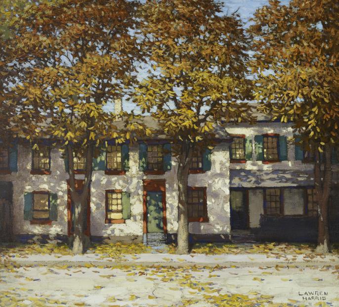 An image of Lawren S. Harris' painting Houses, Richmond Street. It features a block of town houses in fall. The trees in front of the houses have turned yellow and the leaves are falling to the ground