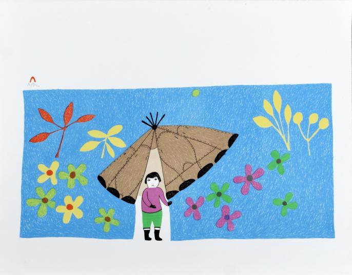 Lithograph by Lucy Qinnuayuak showing a boy at home alone on a blue background with flowers