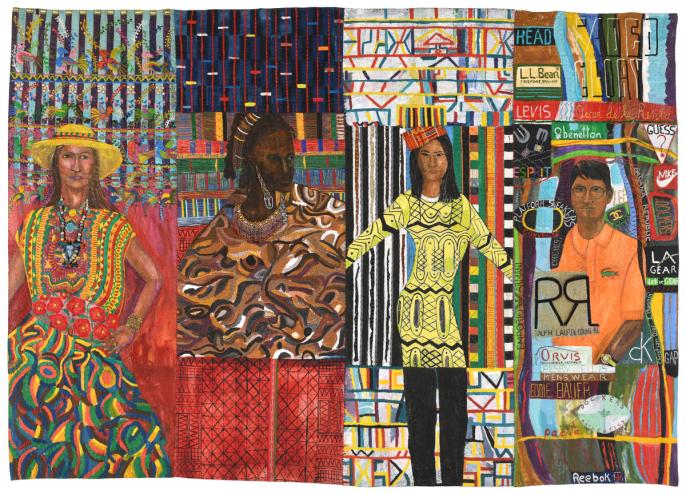 An image of Pacita Abad's painting Cross-cultural Dressing. It features four individuals of different ethnicities in various textiles from different cultures.