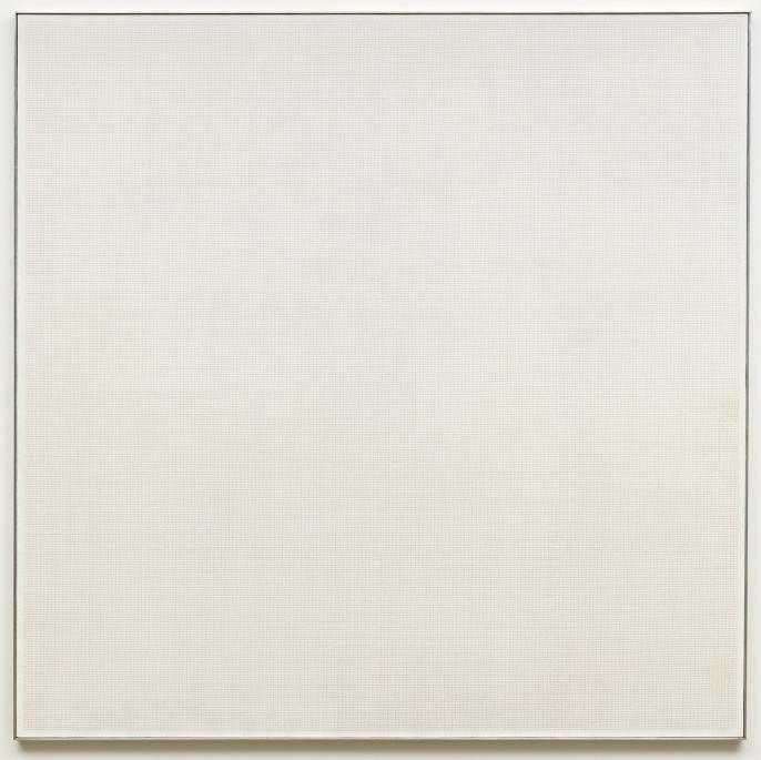 Cream coloured oil painting with red and black pencil grid