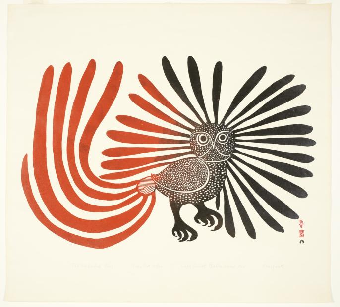 An image of Kenojuak Ashevak's print The Enchanted Owl. It features an owl with elongated feathers coming out of it's head and tail. The print transitions from black to red from right to left.