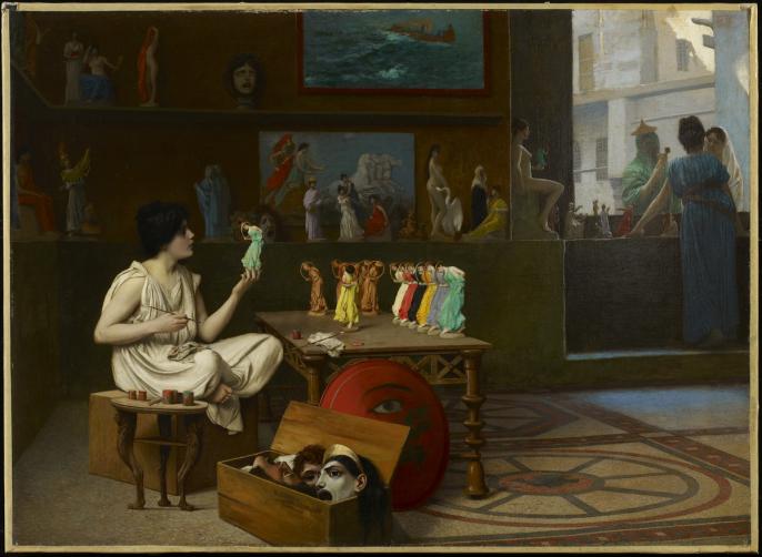 painting of a woman pottery working on small sculptures in an artist studio