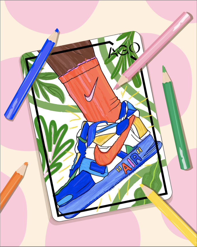colourful trading card featuring an illustration of nike air force 1