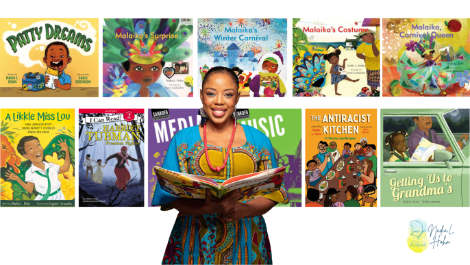 An image of author and educator Nadia Hohn smiling at the camera and holding one of her books. In the background are all of her children book publications