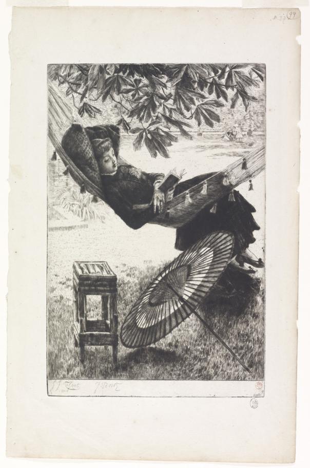 Black and white etching of a woman in a Victorian woman reading in a hammock