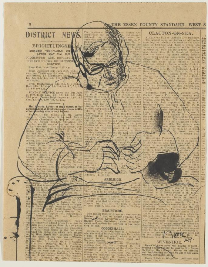 An image of Henry Moore's print The Artist's Mother. He depicts his mother drawn in black on a beige newspaper filled with writing. His mother is working on needlepoint.