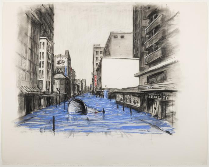 An image of William Kentridge's charcoal drawing Drawing for Another Country (Flooded Street), 1994