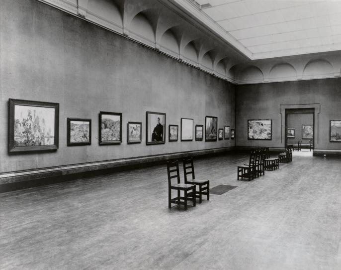 A photo of the first Group of Seven exhibition at the Art Gallery of Toronto (now the Art Gallery of Ontario) in 1920