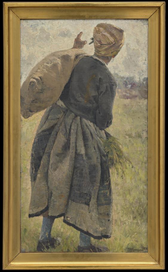 Painting of a woman carrying a sack as seen from behind