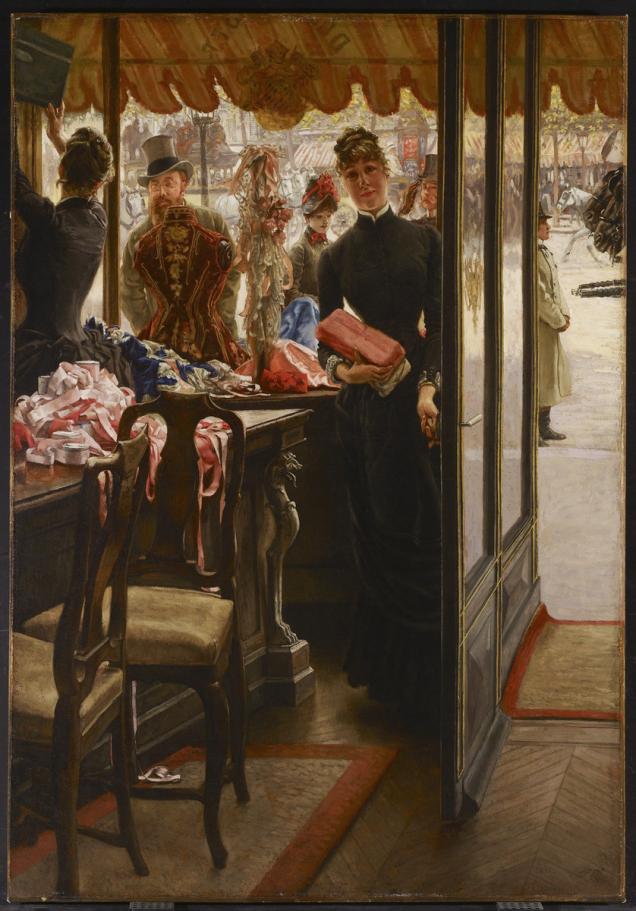 A vertical oil on canvas painting depicting two shop attendants in a Parisian shop.