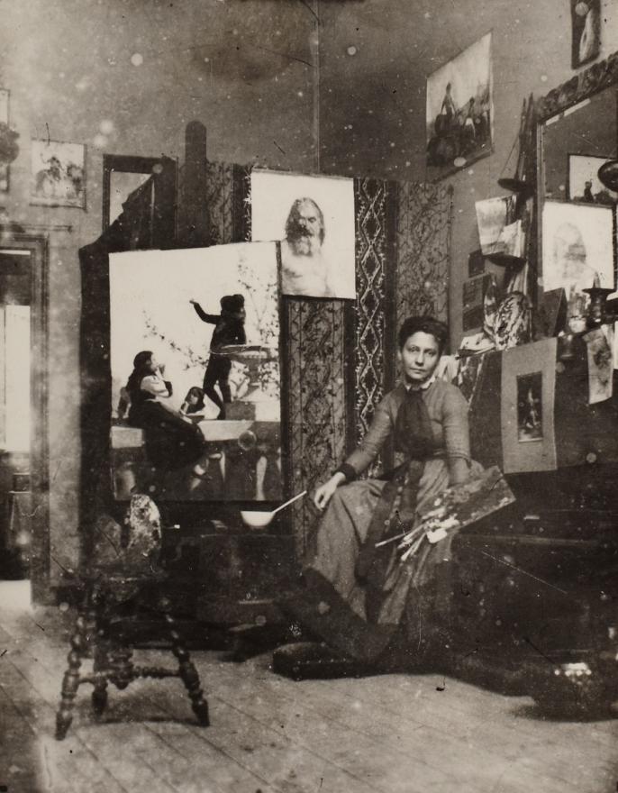 George Agnew Reid, Mary Hiester Reid at Paris studio with first oil study for “Logging”, 1889.  Photo © AGO.
