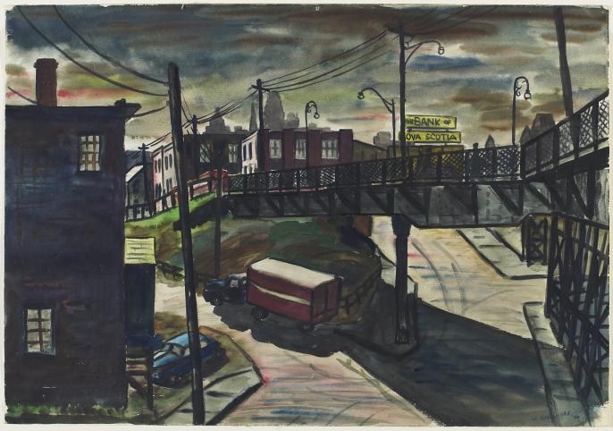 An image of Kazou Nakamura's painting Evening Shadow, which captures a westward view of Toronto's King and Queen Streets diverging