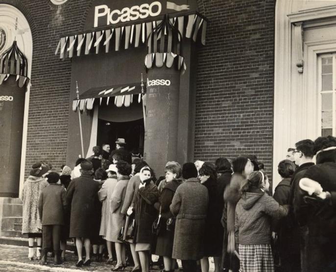 Visitors outside Gallery entrance for Picasso exhibition