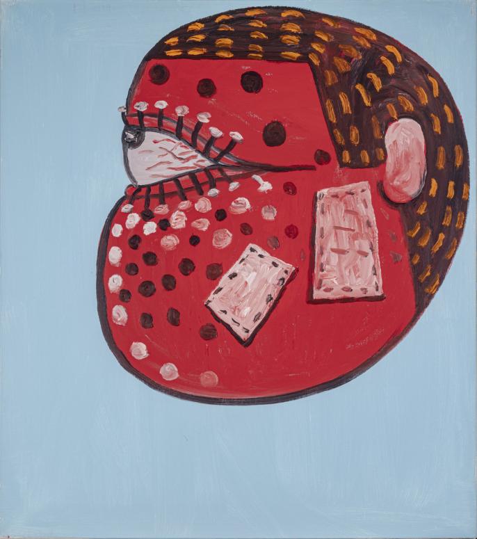 painted side profile of red face with bandages on blue background