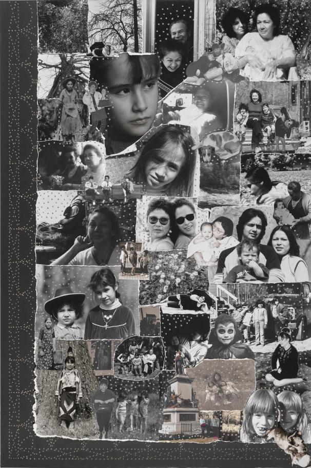 A black and white collage of photographs. Each photo is a portrait of different people.