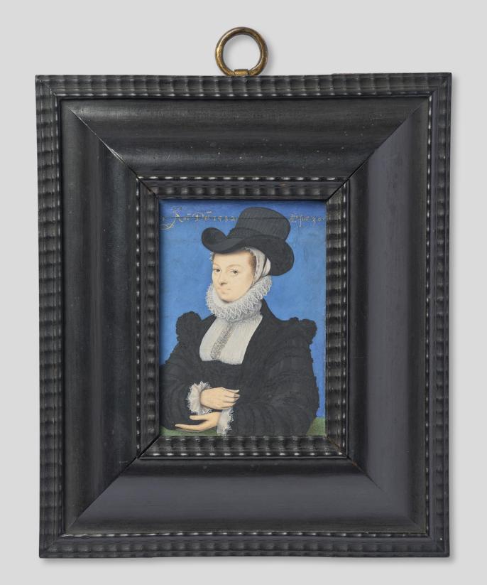 Miniature portrait of a woman dressed in a black top hat, white blouse and black jacket with arms resting on a desk crossed