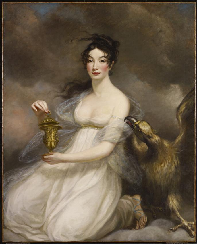 Oil portrait of woman in white holding cup, accompanied by eagle