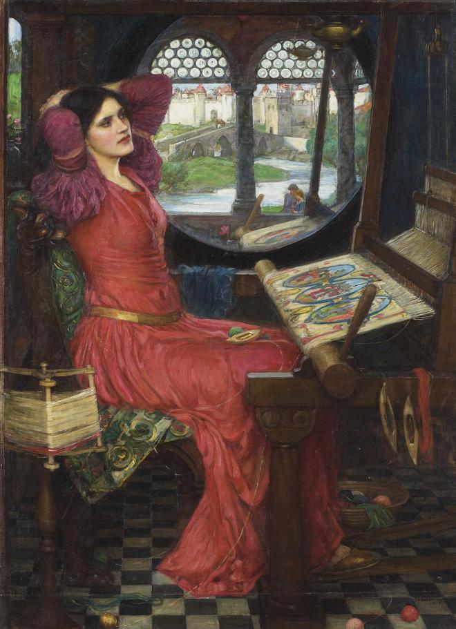 An image of John Waterhouse's painting of Lady Shalott, depicted in a red dress with her hands folded behind her head, seated in front of her loom.