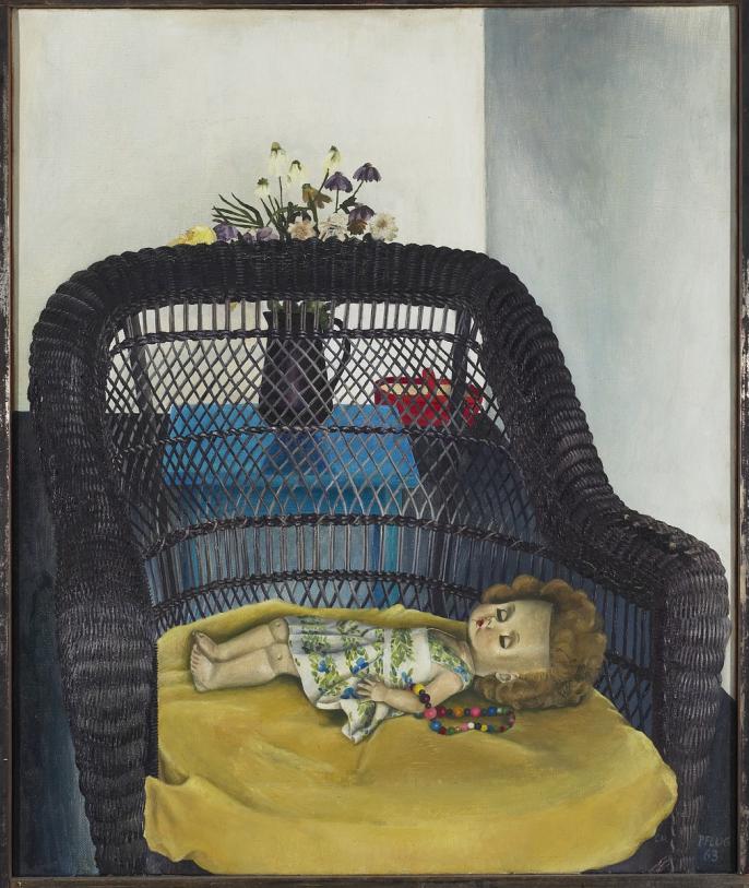 An image of Christiane Pflug's painting On the Black Chair I, which features a doll lying on a Black chair with a yellow cushion.