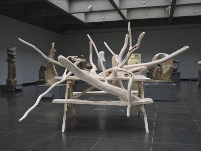 An image of Hugh Hayden's sculpture Can't we all just get along in the Henry Moore Centre at the AGO